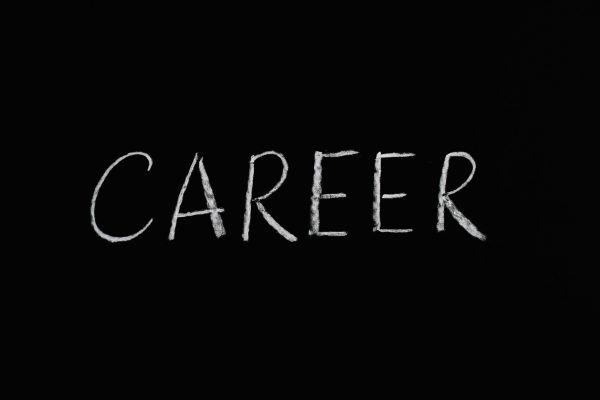 Chalk writing of 'Career' on a blackboard, symbolizing professions and jobs.